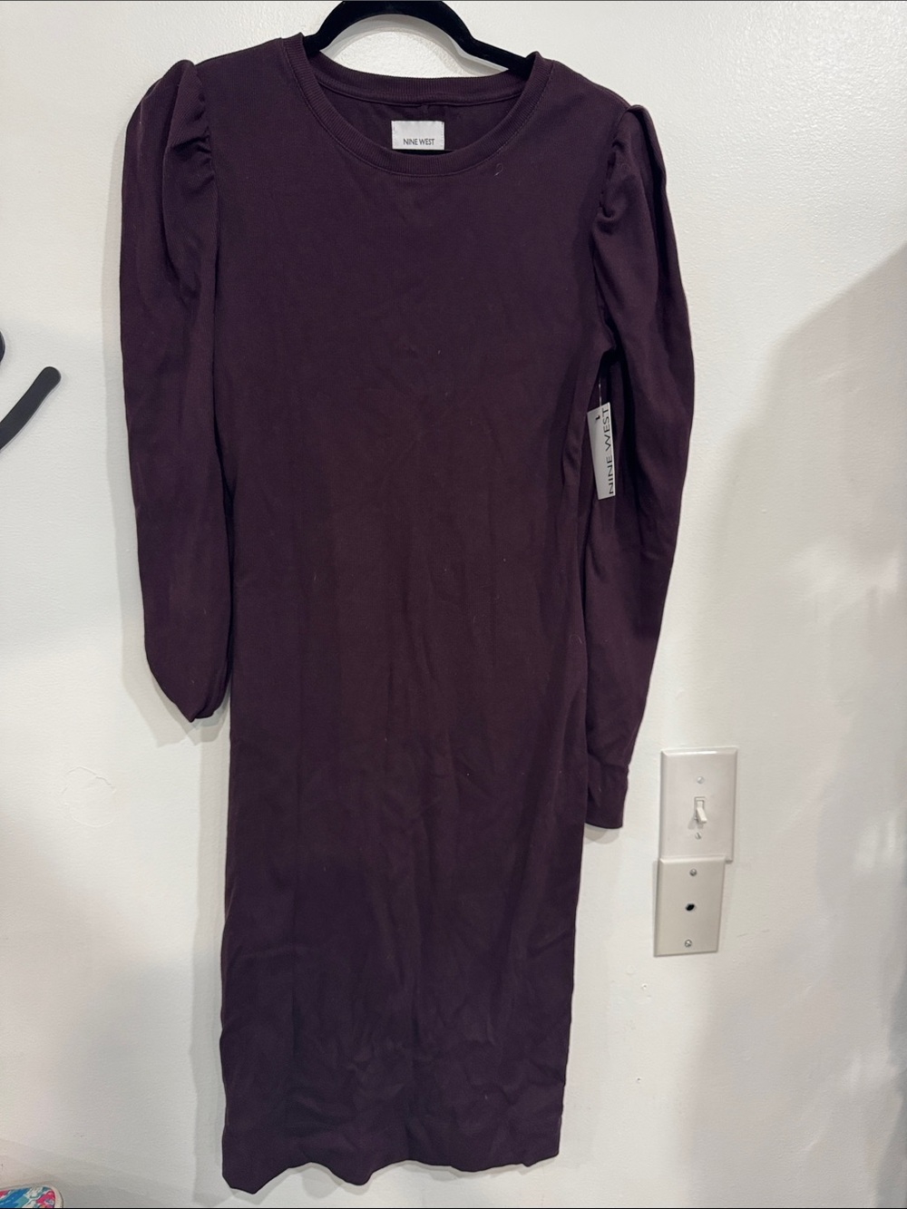 Nine West Deep Plum Long Sleeve Puff Shoulder Midi Dress